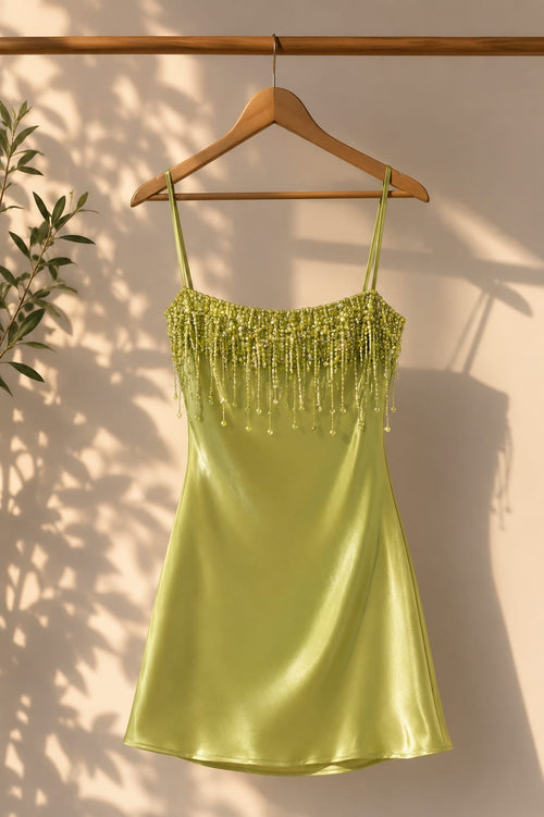 Lime Beaded Fringe Satin Mini Dress